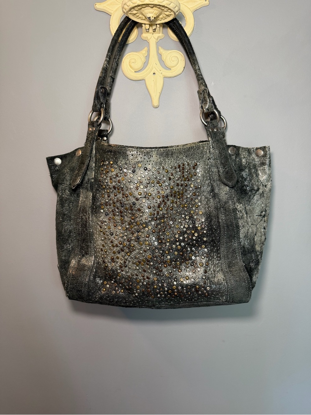 Frye Black/Gray Stud-Accent Shoulder Tote Bag for Women
